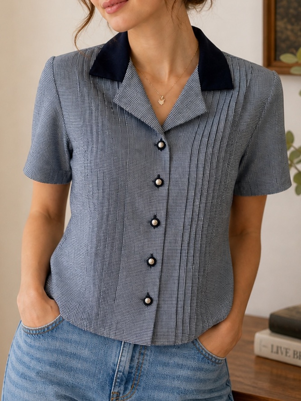 Vintage Miss Dorby Petite Small Blue Plaid Button Down Shirt | Pleated Blouse